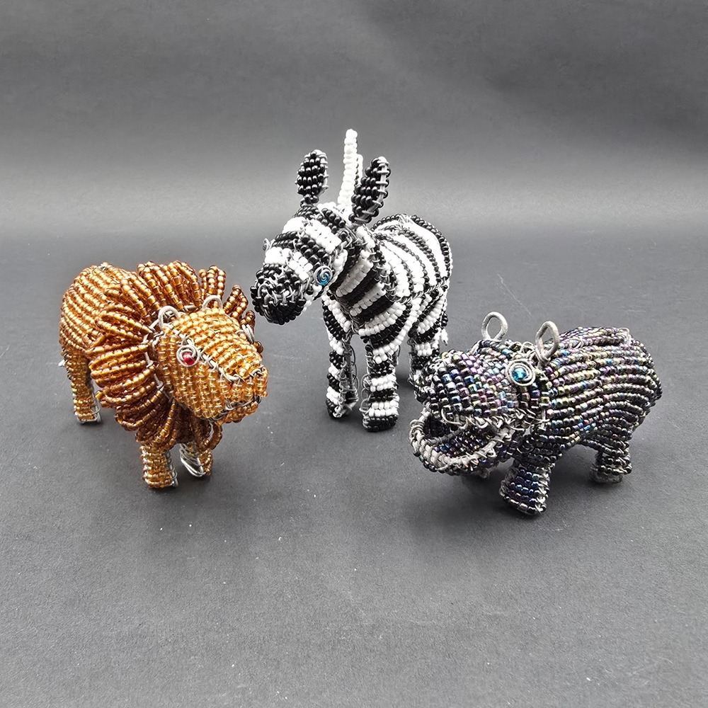 African Wire Bead Animal Figurines Set Lion Zebra Hippo Safari Folk Art 3pc - Picture 9 of 12